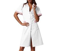 DUHENWU Vestido de enfermera para mujer, manga corta, largo hasta la rodilla, vestido de trabajo, largo, monocolor, elegante, cuello en V, uniforme con bolsillos, ropa de trabajo, verano, Q blanco., S