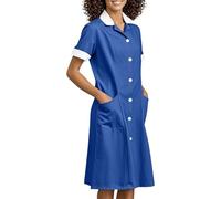 DUHENWU Vestido de enfermera para mujer, manga corta, largo hasta la rodilla, vestido de trabajo, largo, monocolor, elegante, cuello en V, uniforme con bolsillos, ropa de trabajo, verano, O azul., XL