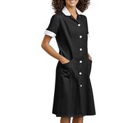 DUHENWU Vestido de enfermera para mujer, manga corta, largo hasta la rodilla, vestido de trabajo, largo, monocolor, elegante, cuello en V, uniforme con bolsillos, ropa de trabajo, verano, O negro., M