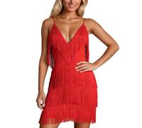 DUHENWU Vestido sexy de lentejuelas con flecos, cuello en V, tirantes delgados, minivestido con dobladillo de plumas, vestido corto de cóctel, para carnaval, fiesta, cóctel, noche, O rojo., XL