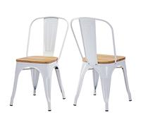 Duhome Sillas de Comedor Juego de 2 Silla Bistrot Industrial de Metal Hierro con Respaldo Estilo Vintage Taburete para Cocina Bar Café Restaurante, Blanco y Madera