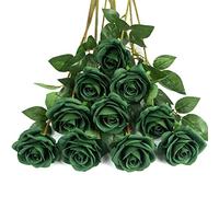DuHouse 10 Rosas Artificiales de Seda, Flores de Rosas de imitación de Tallos Largos para arreglo, Centro de Mesa de Boda, Fiesta, decoración del hogar y Cocina (Verde Oscuro)
