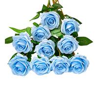 DuHouse 10 Rosas Artificiales de Seda, Flores de Rosas de imitación de Tallos Largos para arreglo, Centro de Mesa de Boda, Fiesta, decoración del hogar y Cocina (Azul Cielo)