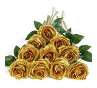 DuHouse 10 Rosas Artificiales de Seda, Flores de Rosas de imitación de Tallos Largos para arreglo, Centro de Mesa de Boda, Fiesta, decoración del hogar y Cocina (Dorado)