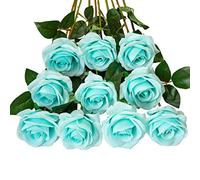 DuHouse 10 Rosas Artificiales de Seda, Flores de Rosas de imitación de Tallos Largos para arreglo, Centro de Mesa de Boda, Fiesta, decoración del hogar y Cocina (Azul Teal)