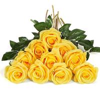 DuHouse 10 Rosas Artificiales de Seda, Flores de Rosas de imitación de Tallos Largos para arreglo, Centro de Mesa de Boda, Fiesta, decoración del hogar y Cocina (Amarillo Puro)