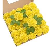 DuHouse 25 Rosas Artificiales con Tallos, Flores de Espuma de Tacto Real para Bricolaje, Ramo de Boda, Baby Shower, Centro de Mesa, arreglos Florales, Fiestas, decoración del hogar (Amarillo)