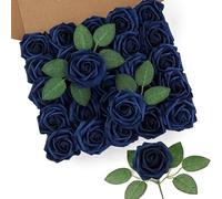 DuHouse 25 Rosas Artificiales Falsas con Tallos de Flores de Espuma de Tacto Real para el Ramo de Boda DIY Baby Shower arreglo de la Fiesta decoración del hogar (Azul Marino)