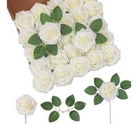 DuHouse 25 Rosas Artificiales Falsas con Tallos de Flores de Espuma de Tacto Real para el Ramo de Boda DIY Baby Shower arreglo de la Fiesta decoración del hogar(Crema)
