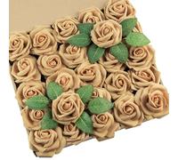 DuHouse 25 Rosas Artificiales Falsas con Tallos de Flores de Espuma de Tacto Real para el Ramo de Boda DIY Baby Shower arreglo de la Fiesta decoración del hogar (Dorado Claro)