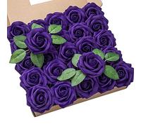 DuHouse 25 Rosas Artificiales Falsas con Tallos de Flores de Espuma de Tacto Real para el Ramo de Boda DIY Baby Shower arreglo de la Fiesta decoración del hogar(púrpura-A)