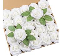 DuHouse 25 Rosas Artificiales Falsas con Tallos de Flores de Espuma de Tacto Real para el Ramo de Boda DIY Baby Shower arreglo de la Fiesta decoración del hogar(Marfil)