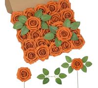 DuHouse Paquete de 25 Rosas de Espuma de Tacto Realista con Tallos para Ramos de Boda, Baby Showers, Centros de Mesa, Arreglos Florales, Decoración de Interiores(Naranja Quemado)