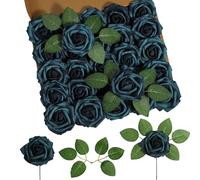 DuHouse Paquete de 25 Rosas de Espuma de Tacto Realista con Tallos para Ramos de Boda, Baby Showers, Centros de Mesa, Arreglos Florales, Decoración de Interiores(Azul Pavo Real)
