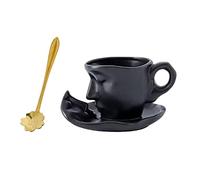 Duiaynke Taza abstracta de besos con cara humana con cuchara en forma de flor, taza de agua de cerámica única creativa novedad humana tazas (negro)