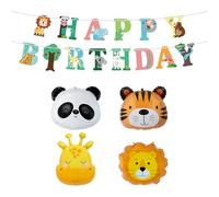 DUINIU 1 Juego De Banderas De Animales Y 4 Globos De Animales, Coronas De Cumpleaños, Decoraciones De Vida Silvestre De La Jungla, Lindos Juegos De Fiestas De Cumpleaños.