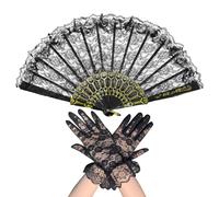 DUINIU Juego De Abanicos Y Guantes De Mano De Encaje Negro De 2 Piezas, Accesorios De Cena Retro, Accesorios para Fotos De Bodas, Adecuados para Actividades De Fiesta.