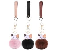 DUINIU Llavero De Gato De Dibujos Animados De 3 Piezas Y 3 Correas De Cuero, Llavero De Bola De Piel, Cole De Decoración Creativa, Llavero Lindo, Accesorios Coles para Bolsos.