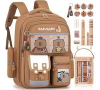 Dujuanus Mochila Capibara, Mochila Capibara Niña, Mochilas Escolares Adolescentes, Set de Regalos para el Nuevo Semestre con Pines, Llaveros y Artículos de Papelería