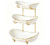 DUJUST Cuenco de Frutas de 3 Niveles, Soporte de Frutas en Cerámica de Lujo con Volutas Doradas, Apilable & Fácil de Almacenar, Bandeja Multifunción para Frutas/Verduras/Bocadillos - Blanco y Oro