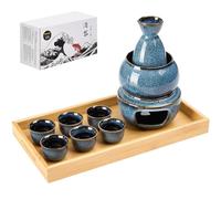 DUJUST Juego de 10 piezas de sake japonés para 6, juego de sake de porcelana esmaltada alterada al horno, 6 tazas, 1 botella, 1 calentador, 1 estufa de velas, 1 bandeja y 1 caja, jarra cálida, juego