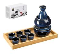 DUJUST Juego de 10 piezas de sake japonés para 6, juego de sake de porcelana esmaltada alterada al horno, 6 tazas, 1 botella, 1 calentador, 1 estufa de velas, 1 bandeja y 1 caja, jarra cálida, juego