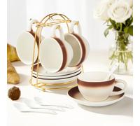 DUJUST Juego de 4 Tazas de Cafe (260ml) para Cappuccino, Latte y Espresso - Tazas de Cerámica con Platillos, Cucharas y Soporte Metálico, Marrón Degradado