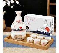 DUJUST Juego de Sake japonés 10 piezas con calentador para 6 personas, diseño Sakura&Fuji en porcelana, 6 tazas,1 botella,1 calentador,1 estufa de vela,1 bandeja,1 caja, botella para sake tibio,Blanco