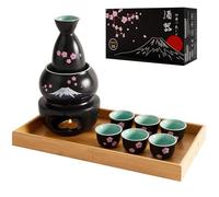 DUJUST Juego de sake japonés de 10 piezas con calentador, juego de sake de porcelana con diseño Sakura y Fuji, 6 copas de sake, 1 botella, 1 calentador, 1 hornillo de velas, 1 bandeja y 1 caja, Negro