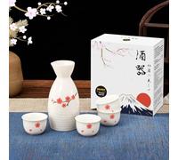 DUJUST Juego de Sake japonés de 5 Piezas, diseño Sakura Tradicional, 1 Botella + 4 Tazas, Blanco - Ideal para hogar/Fiesta, Regalo para Amantes del Sake