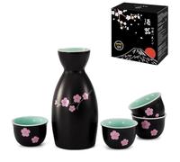 DUJUST Juego de Sake japonés de 5 Piezas, Juego Tradicional para Servir Sake con diseño Sakura, 1 Botella de Sake con 4 Copas de Sake, Regalo japonés Ideal para los Amantes del Sake - Negro
