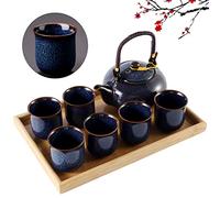 DUJUST Juego de té japonés para 6, juego de té de porcelana de esmalte alterado en el horno con 1 tetera, juego de té chino único para adultos/amantes del té/mujeres/hombres, azul oscuro