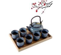 DUJUST Juego de Té Japonés para 6 - Porcelana de Esmalte Alterado en el Horno - 1 Tetera, Servicio Chino Único para Adultos/Amantes del Té/Mujeres/Hombres - Azul Claro