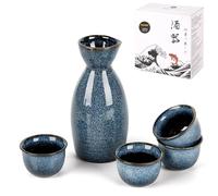 DUJUST Set de sake japonés (5 piezas), Set de sake en porcelana con esmalte alterado en horno, 1 botella, 4 tazas y 1 caja regalo, Jarra térmica, Set de regalo japonés especial - azul