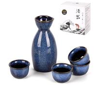 DUJUST Set de sake japonés (5 piezas), Set de sake en porcelana con esmalte alterado en horno, 1 botella, 4 tazas y 1 caja regalo, Jarra térmica, Set de regalo japonés especial - azul oscuro