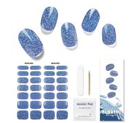 DUKASOU 28 tiras de gel semiendurecido para uñas, pegatinas de uñas de gel de calidad de salón de belleza, tiras de esmalte de uñas duraderas para mujeres, niñas, niños (Brillo azul)