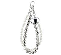 Dulce Llavero Mujer Blanco Perlas Plata Perlas Corazón Colgante Bolso Charm Doble Cadena Y2K Llavero Niña Llavero Lindo Llavero Aesthetic Autoschlüsselanhänger, blanco, plateado, 16cm*1cm/6.29*0.39in