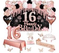 Dulces 16 decoraciones de fiesta, 49 piezas de pancarta negra de oro rosa negro, mantel, decoración de mariposa, dulce 16 sash y tiara, decoración de pasteles, velas, arco de globos
