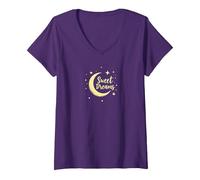 Dulces sueños Luna Estrellas Camiseta Cuello V, Mujer, Morado, XXL