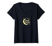 Dulces sueños Luna Estrellas Camiseta Cuello V, Mujer, Negro, XL