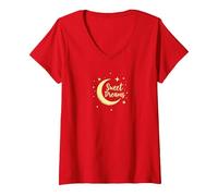 Dulces sueños Luna Estrellas Camiseta Cuello V, Mujer, Rojo, XXL