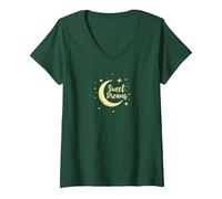 Dulces sueños Luna Estrellas Camiseta Cuello V, Mujer, Verde Bosque, S