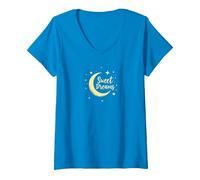Dulces sueños Luna Estrellas Camiseta Cuello V, Mujer, Zafiro, M