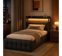 DULRLLY Cama acolchada 90x200cm con baúl de cama, cama individual con iluminación LED, puerto USB y cabecera con espacio de almacenamiento y estante abierto, cama para adolescentes, cama de