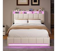 DULRLLY Cama de 160 x 200 cm, cama doble tapizada LED con espacio de almacenamiento hidráulico y cama de almacenamiento USB con estante para cabecero, moderno marco de cama juvenil con somier para
