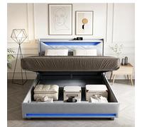 DULRLLY Cama juvenil de 140 x 200 cm, tapizada, marco de cama de 140 x 200 cm, con iluminación LED y estación de carga, cama de almacenamiento hidráulico con cabecero, marco de cama doble con somier
