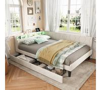 DULRLLY Sofá cama 90 x 200 cm con LED y estación de carga, cama tapizada individual con 2 cajones, cama juvenil de 90 x 200 cm con respaldo acolchado, cama infantil, cama de invitados, cama de día de