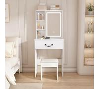 DULRLLY Tocador con iluminación y taburete, tocador pequeño blanco con espejo LED regulable, 3 temperaturas de color y brillo ajustable, 1 cajón, 3 estantes abiertos y espacio de almacenamiento oculto