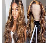 DULTEV Peluca de cabello humano rubio miel con encaje frontal, sin pegamento, prearrancada de 13 x 4 pulgadas, pelucas de encaje frontal HD 4/27 con reflejos degradados para mujer (onda corporal, 28