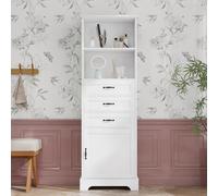DUlVBPE 56 x 25,6 x 167 cm. Mueble de baño completamente lacado, TRES cajones + estantes abiertos + compartimento de almacenamiento, estantes ajustables, tiradores negros, patas altas de armario